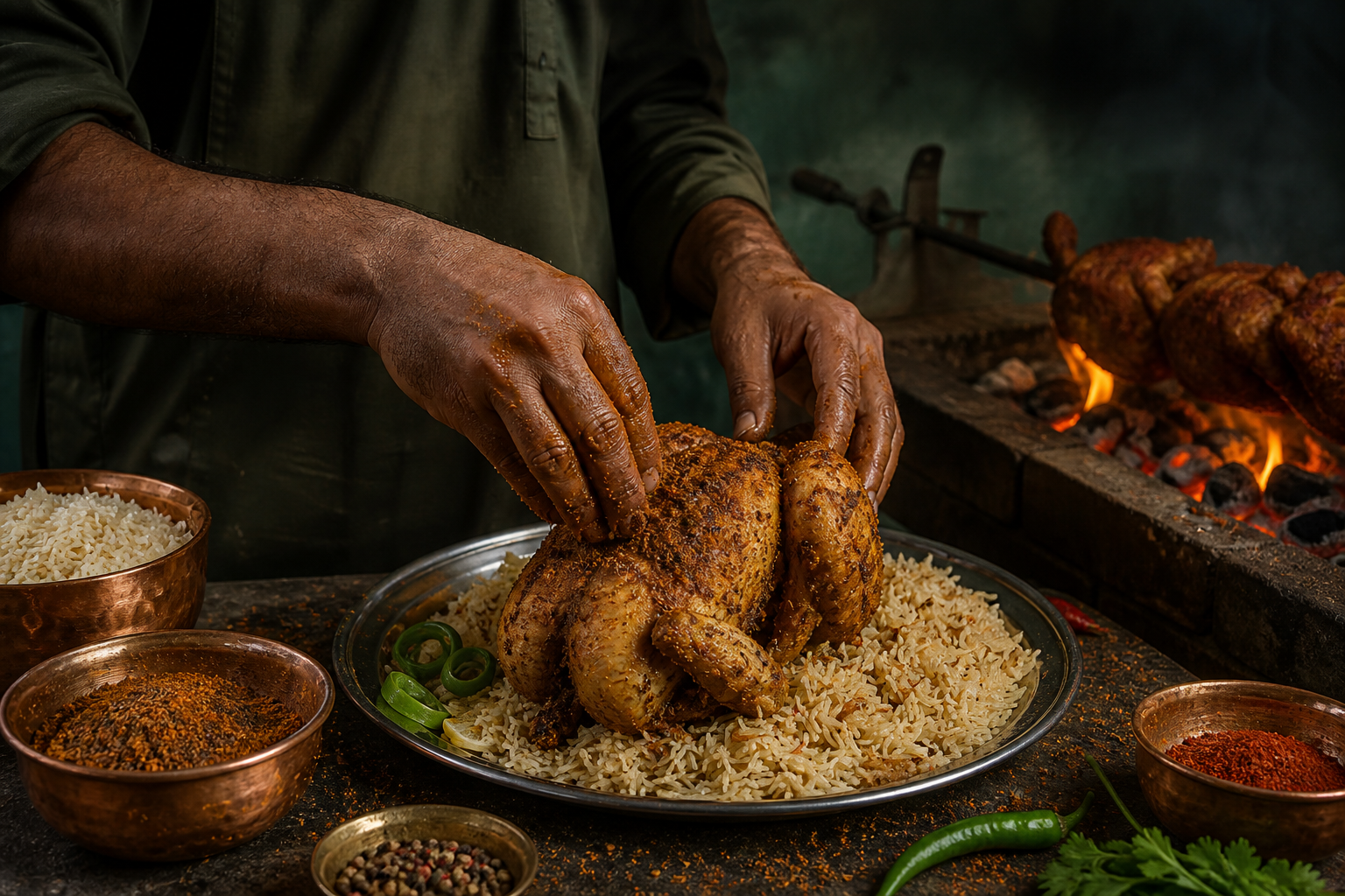 Preparing authentic Sajji over charcoal